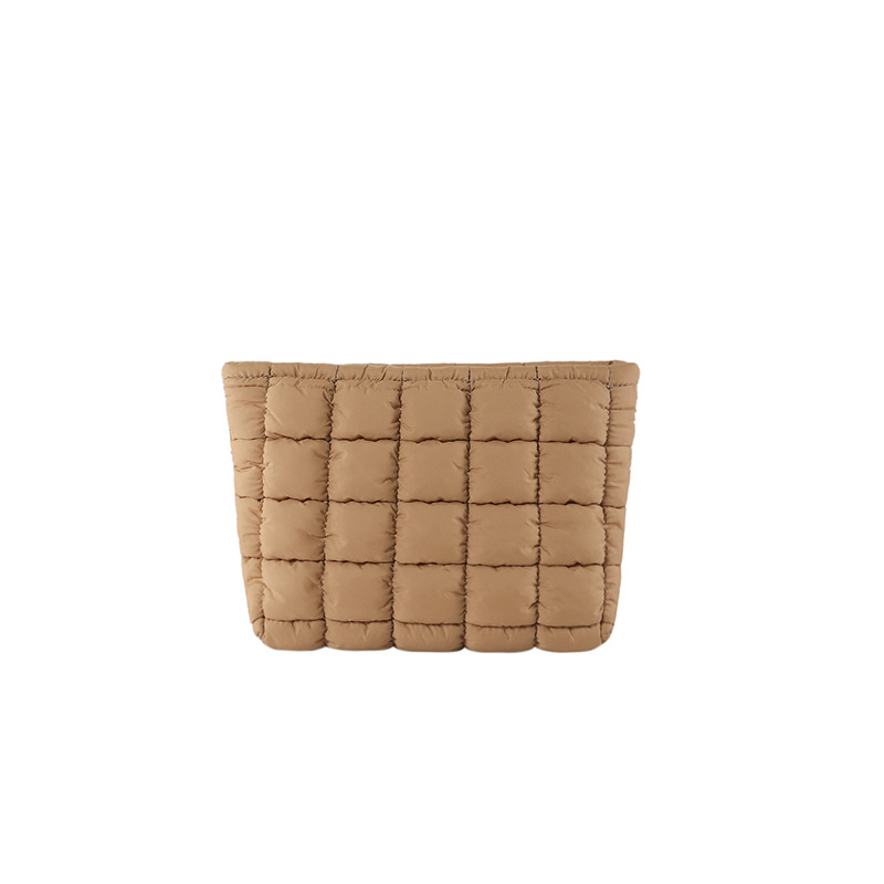 Brown Puffer Makeup Bag Quilted Pouch Cosmetic Organizer Bag Soft Nylon Travel