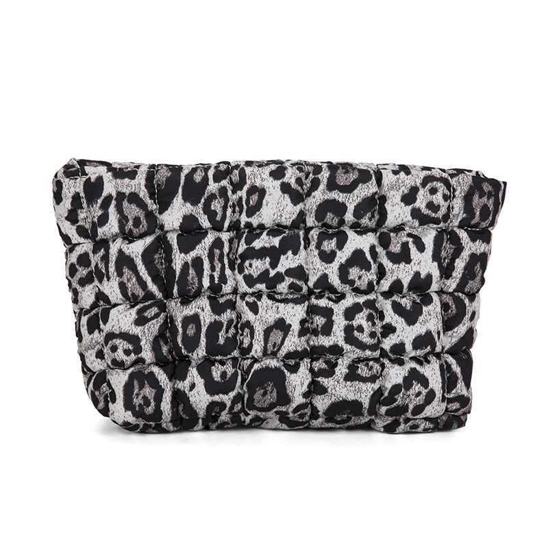 White leopard print Puffer Makeup Bag Quilted Pouch Cosmetic Organizer Bag