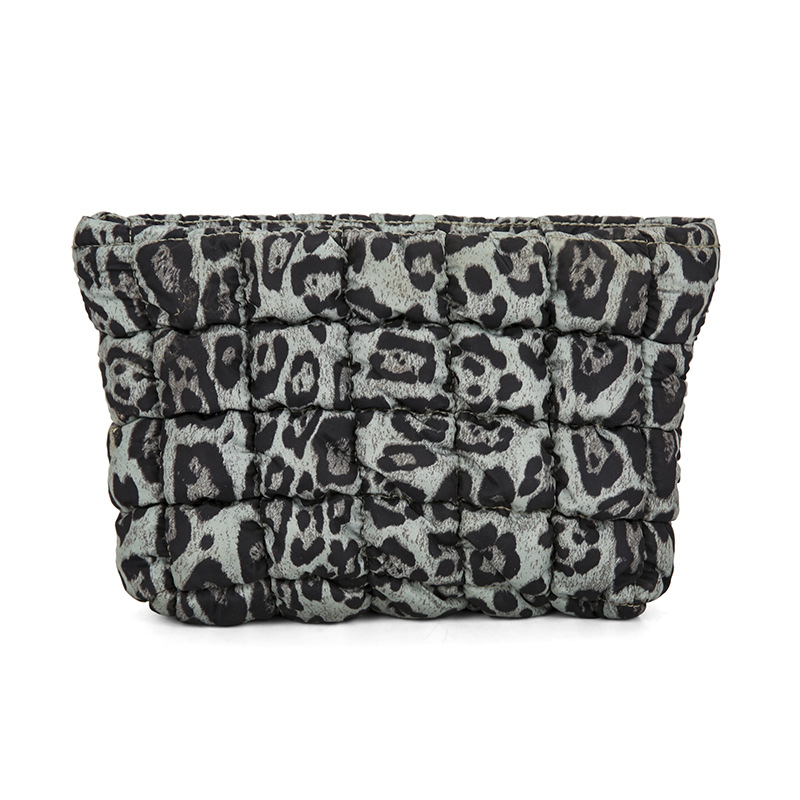 Green leopard print Puffer Makeup Bag Quilted Pouch Cosmetic Organizer Bag