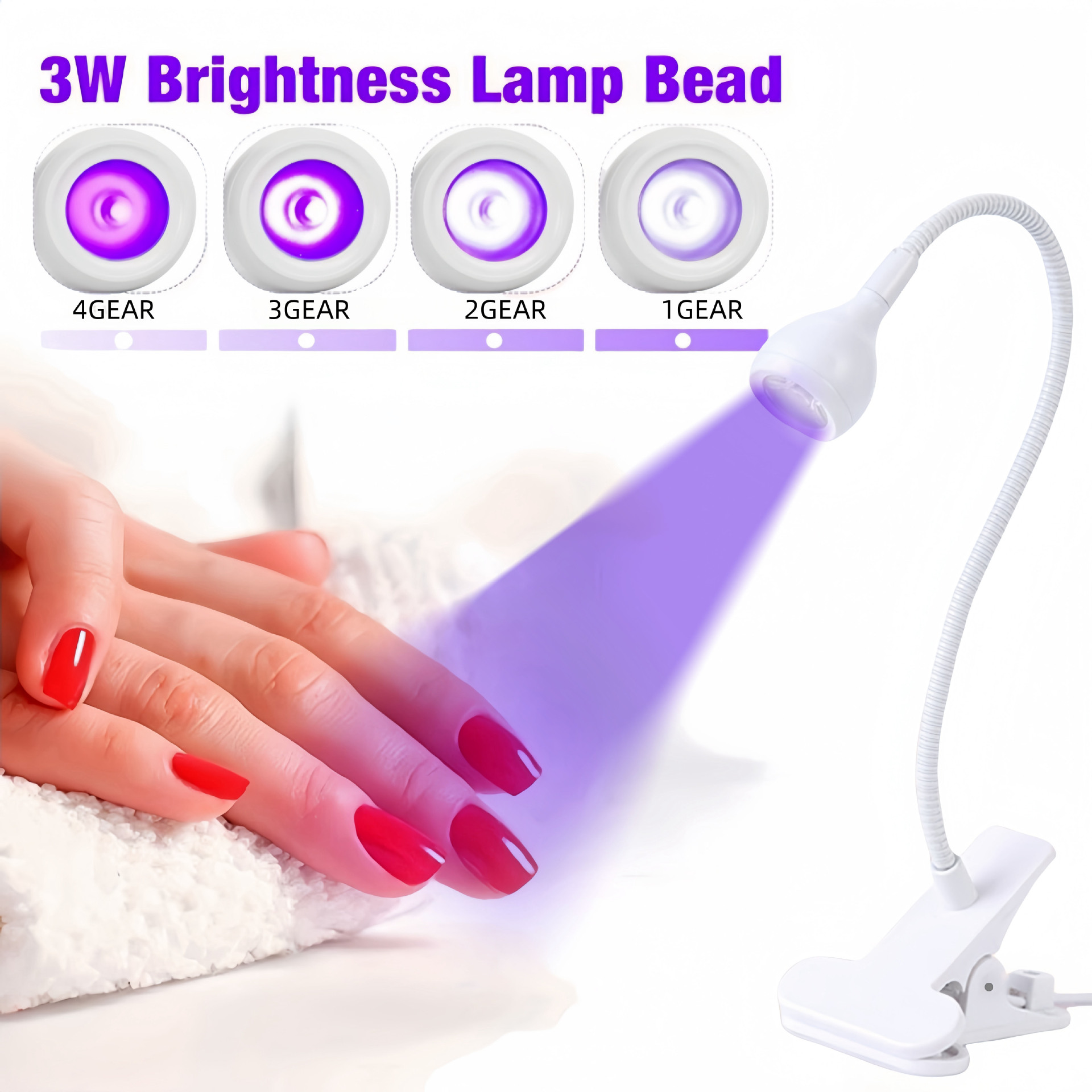 White 3W UV LED Gel Nail Curing Lamp Clip On Flexible Gooseneck Light 4