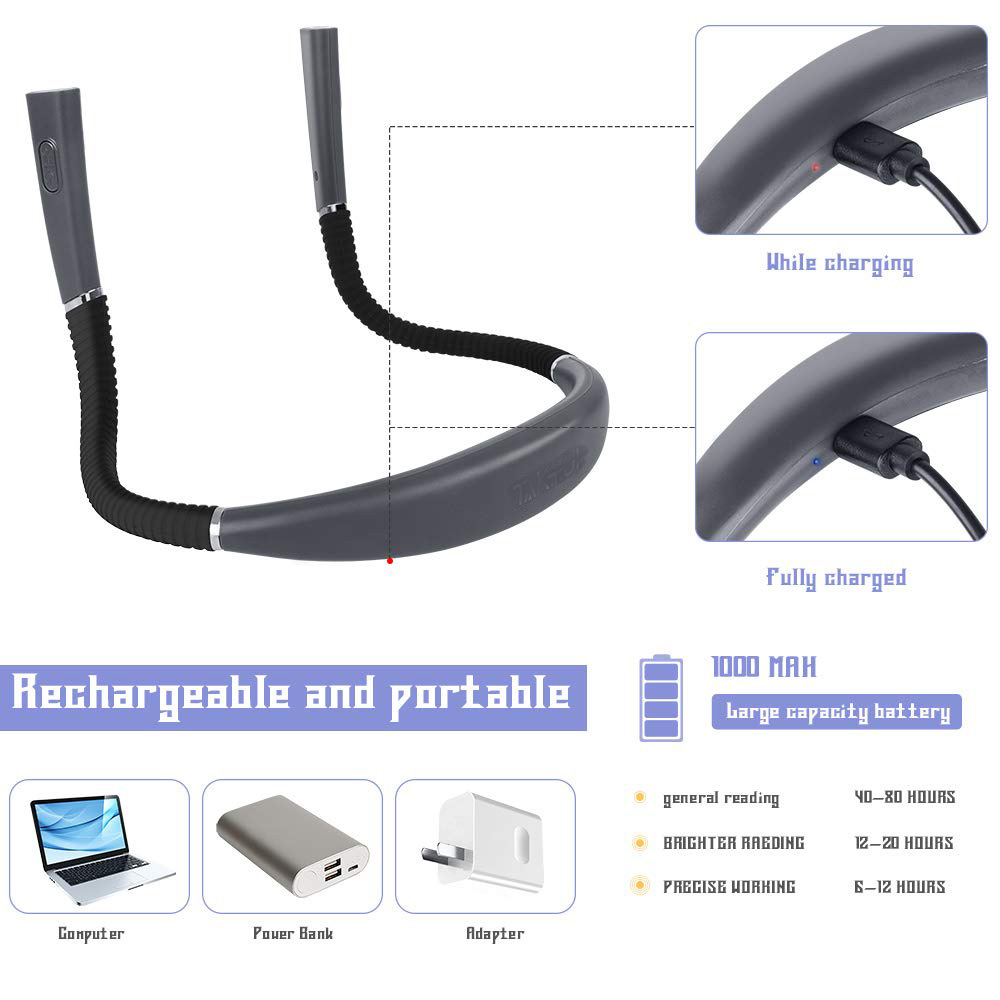 Grey Hands-Free USB Rechargeable Neck Reading Light 3 Colour Modes Flexible view 3