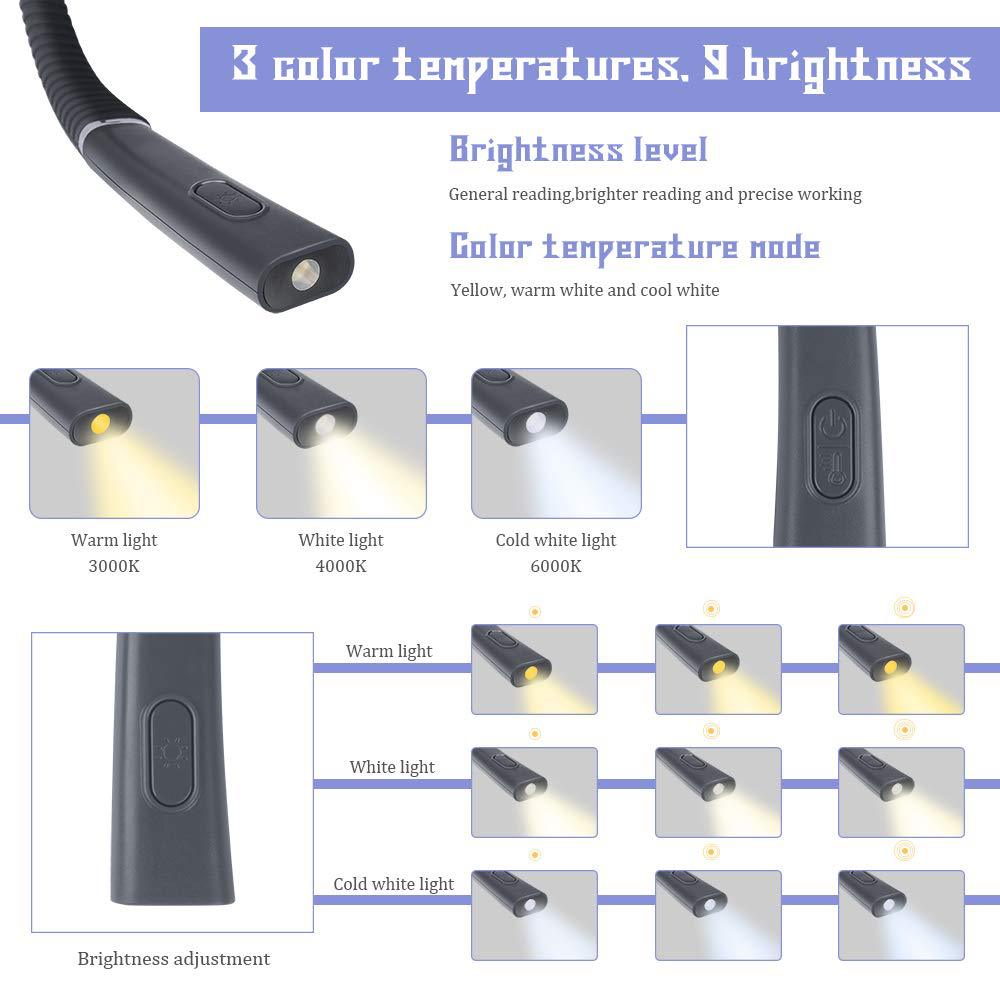 Grey Hands-Free USB Rechargeable Neck Reading Light 3 Colour Modes Flexible view 5