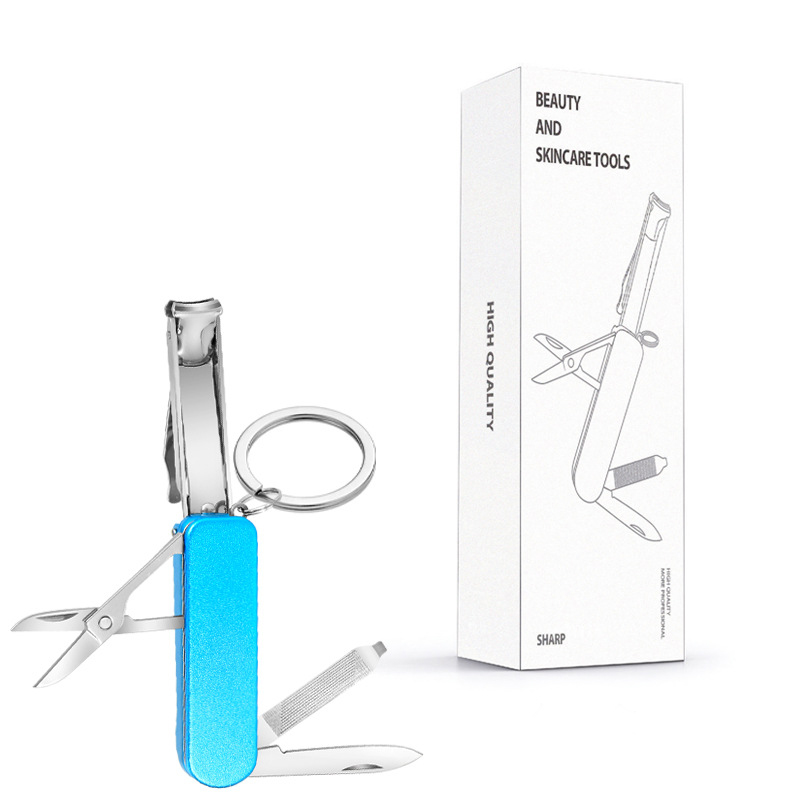 2-PCS Blue 5-in-1 Foldable Stainless Steel Nail Clipper Multitool Keychain