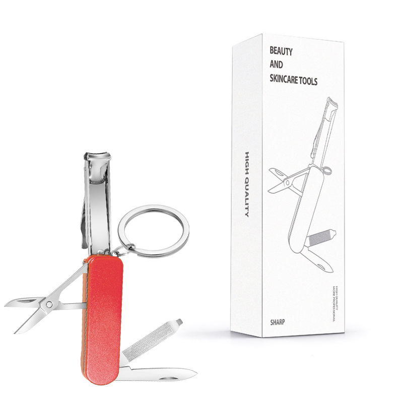 2-PCS Red 5-in-1 Foldable Stainless Steel Nail Clipper Multitool Keychain with