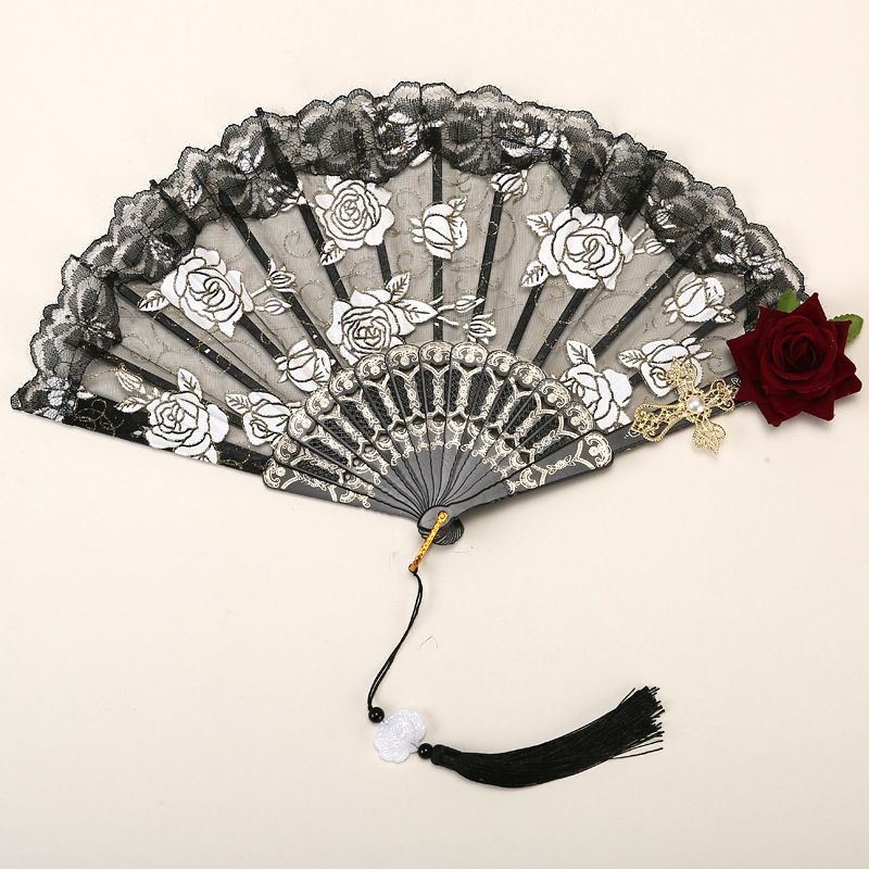 2 Pack Black Lace Burgundy Rose Vintage Lace Folding Fans Gothic Palace Style