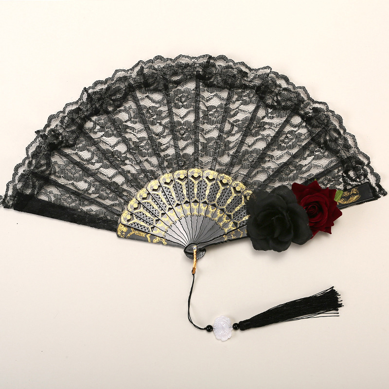 2 Pack Double Rose Obscur Vintage Lace Folding Fans Gothic Palace Style with