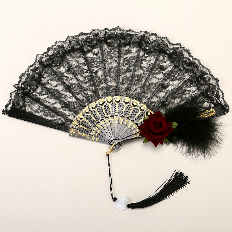 2 Pack Black Feather Wine-Red Rose Lace Vintage Lace Folding Fans Gothic