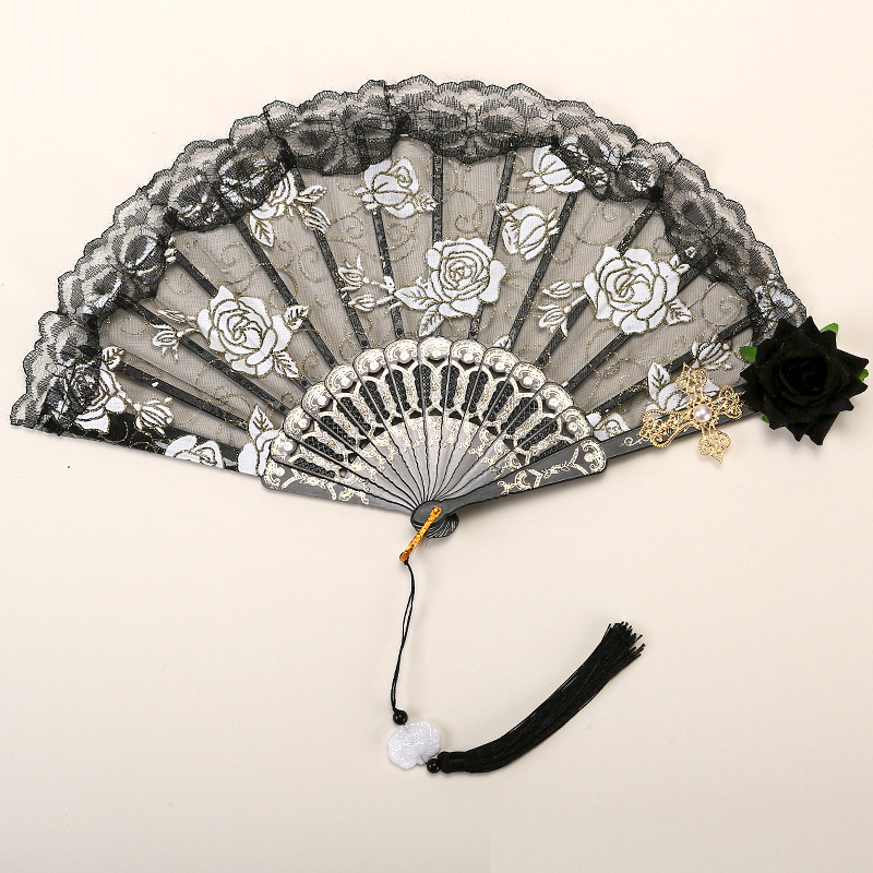 2 Pack Black Lace Black Rose Cross Vintage Lace Folding Fans Gothic Palace