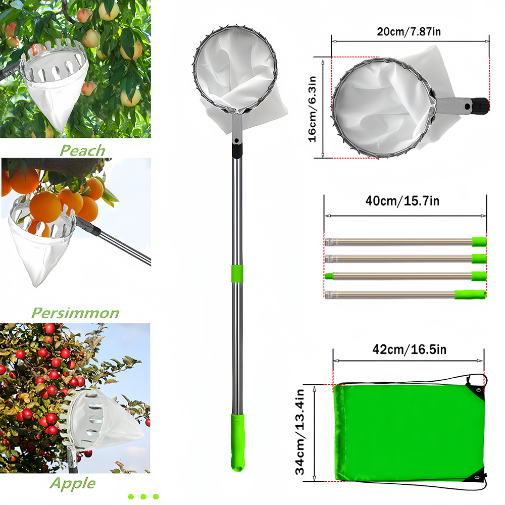Green Telescopic Fruit Picker Tool with Stainless Steel Extension Pole Carbon view 2