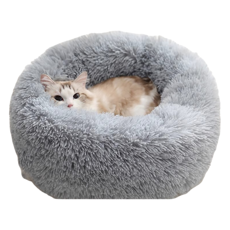 Grey Cozy Donut Long Plush Cat & Dog Calming Bed(Diameter 50cm) - Double-Layer