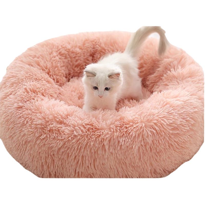 Pink Cozy Donut Long Plush Cat & Dog Calming Bed(Diameter 50cm) - Double-Layer
