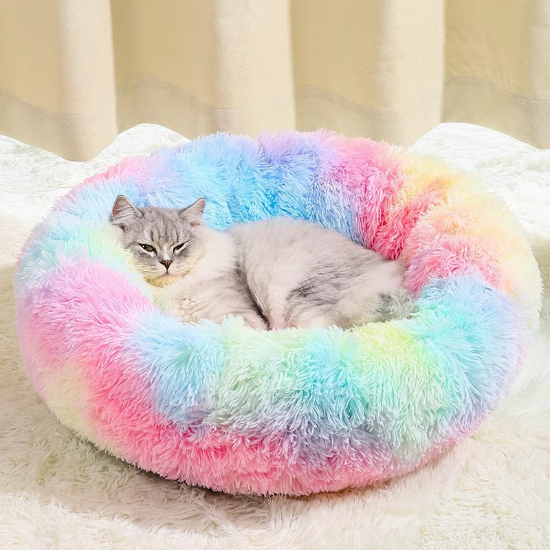 Rainbow Colors Cozy Donut Long Plush Cat & Dog Calming Bed(Diameter 50cm)