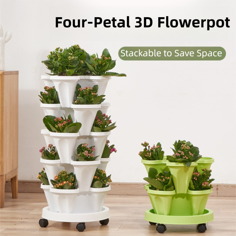 Beige 3-Tier Stackable Strawberry & Vegetable Planter with Mobile Wheel Tray view 2