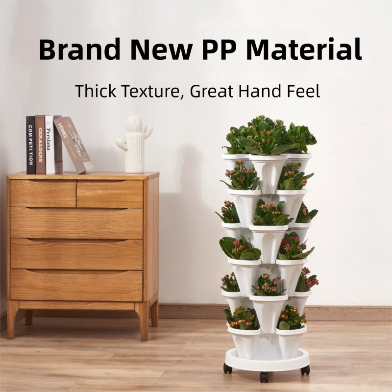 Beige 3-Tier Stackable Strawberry & Vegetable Planter with Mobile Wheel Tray view 3