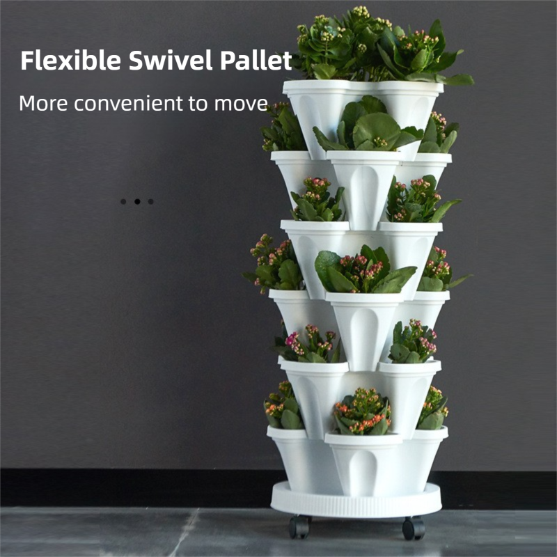 Beige 3-Tier Stackable Strawberry & Vegetable Planter with Mobile Wheel Tray view 4