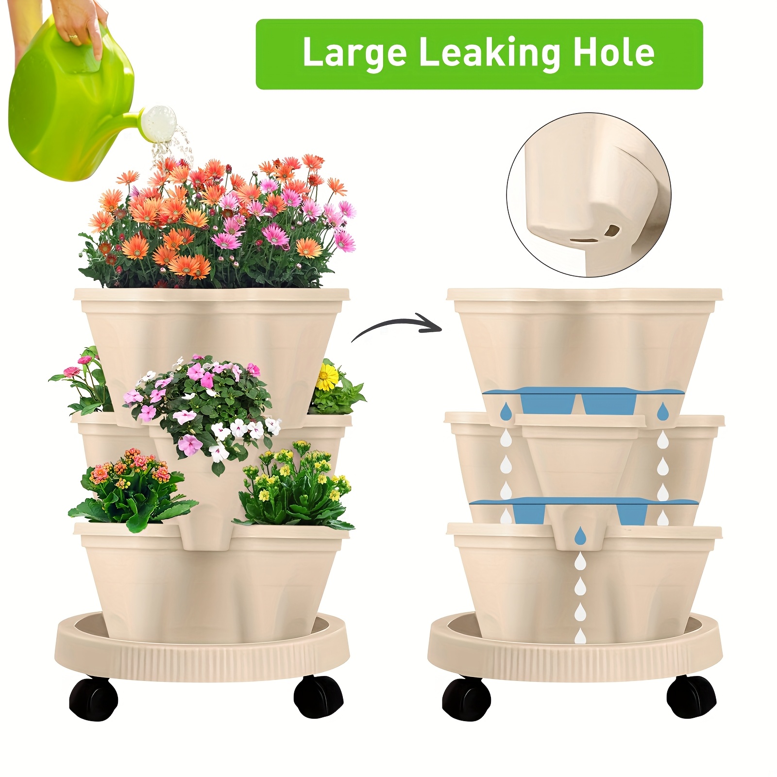 Beige 3-Tier Stackable Strawberry & Vegetable Planter with Mobile Wheel Tray view 5