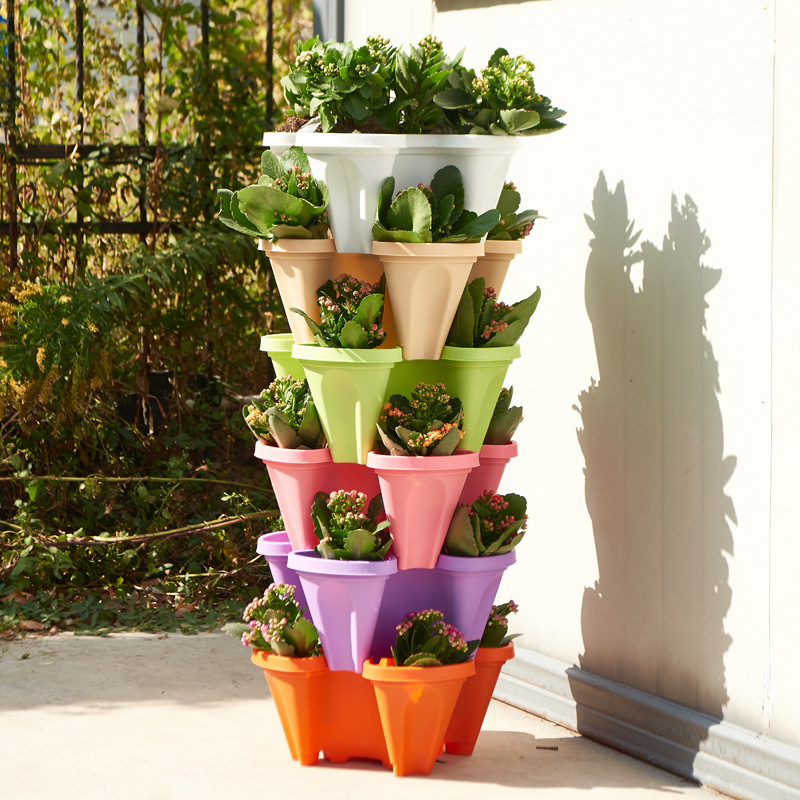 Beige 3-Tier Stackable Strawberry & Vegetable Planter with Mobile Wheel Tray view 11