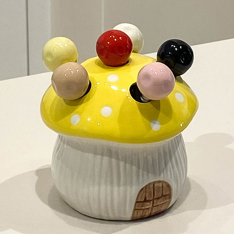 Yellow Cute Cartoon Mushroom Mirror Polished Cutlery Jar with 6-Piece