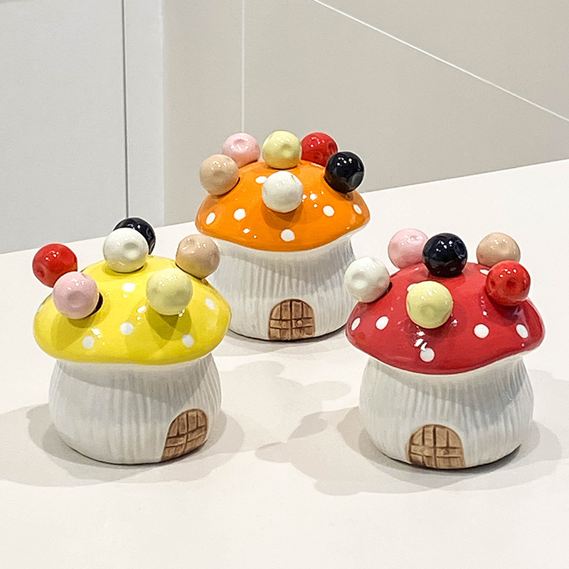Yellow Cute Cartoon Mushroom Mirror Polished Cutlery Jar with 6-Piece view 2