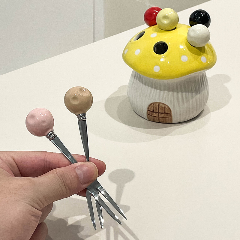 Yellow Cute Cartoon Mushroom Mirror Polished Cutlery Jar with 6-Piece view 3