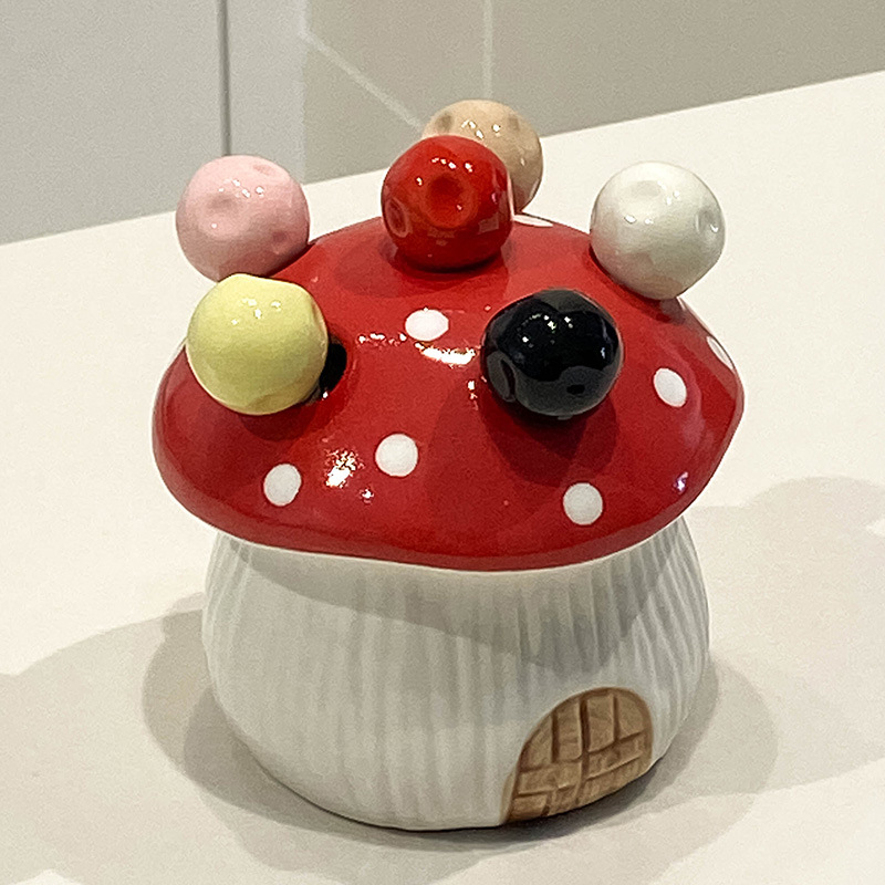 Red Cute Cartoon Mushroom Mirror Polished Cutlery Jar with 6-Piece Stainless