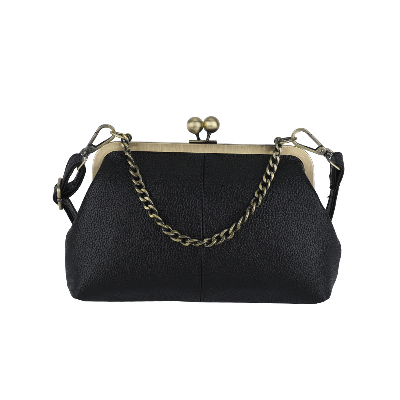 Black Retro Women's Shell Handbag - European Style Clip Lock Closure PU