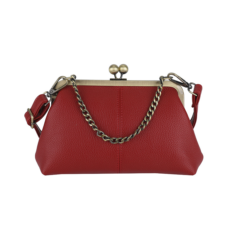Red Retro Women's Shell Handbag - European Style Clip Lock Closure PU