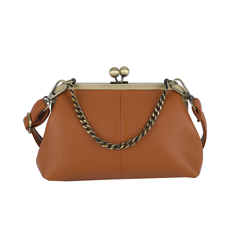 Brown Retro Women's Shell Handbag - European Style Clip Lock Closure PU