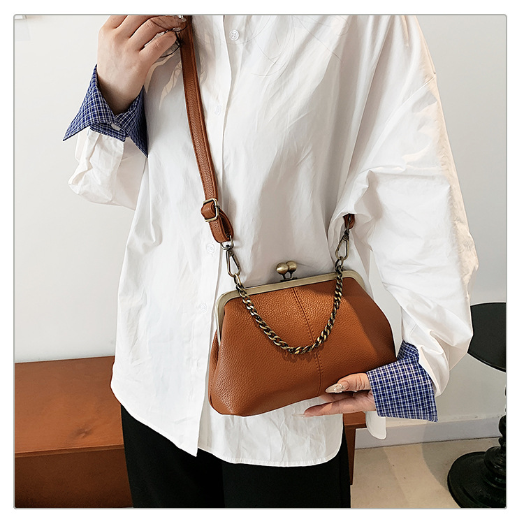 Brown Retro Women's Shell Handbag - European Style Clip Lock Closure PU view 2