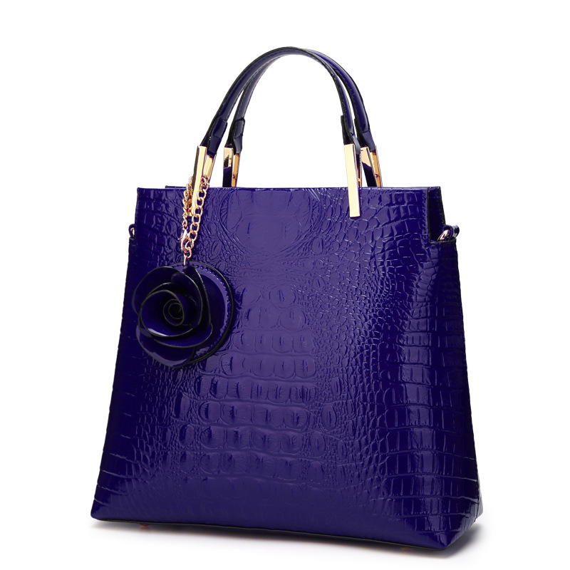 Dark Blue Patent PU Leather Crocodile Embossed Shell Bag(30 x 11 x 26 CM) with