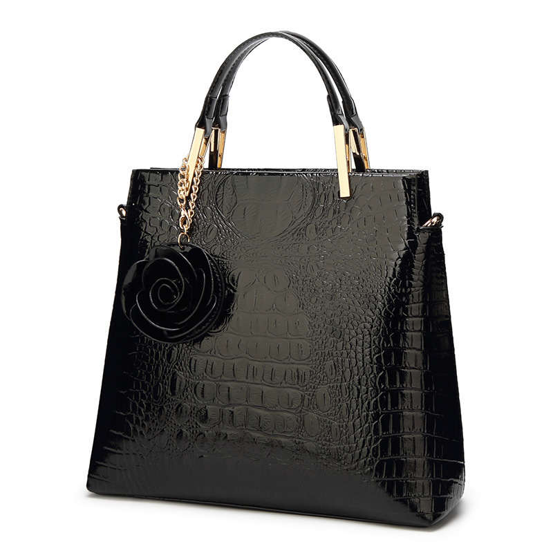Black Patent PU Leather Crocodile Embossed Shell Bag(30 x 11 x 26 CM) with