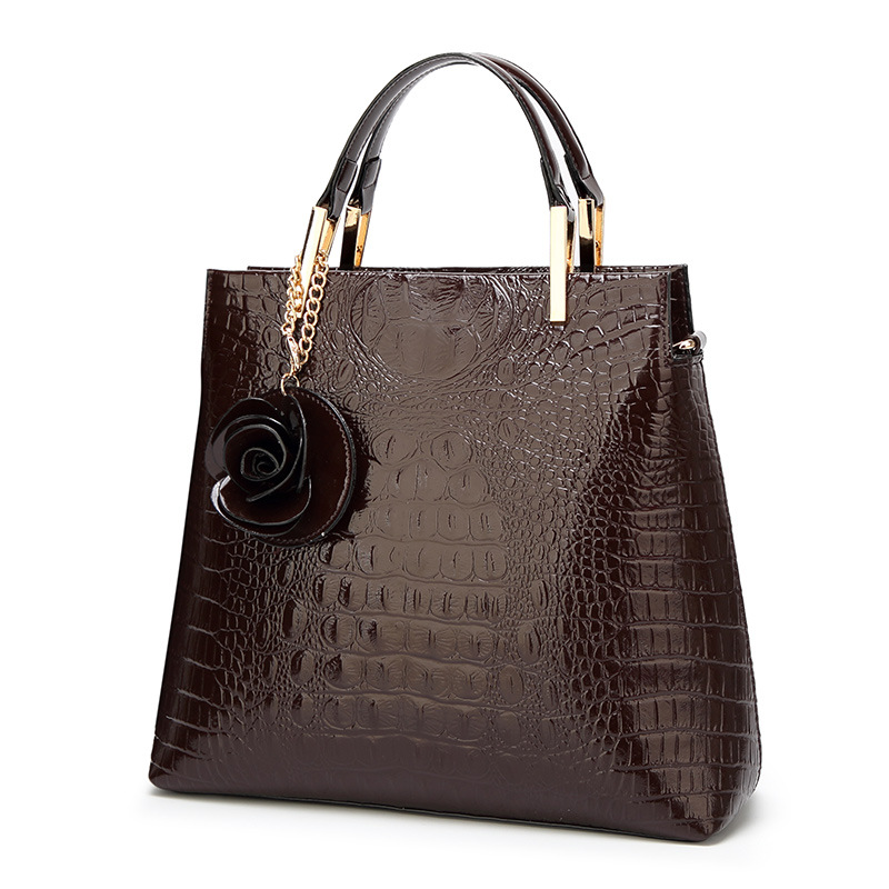 Dark Coffee Patent PU Leather Crocodile Embossed Shell Bag(30 x 11 x 26 CM)