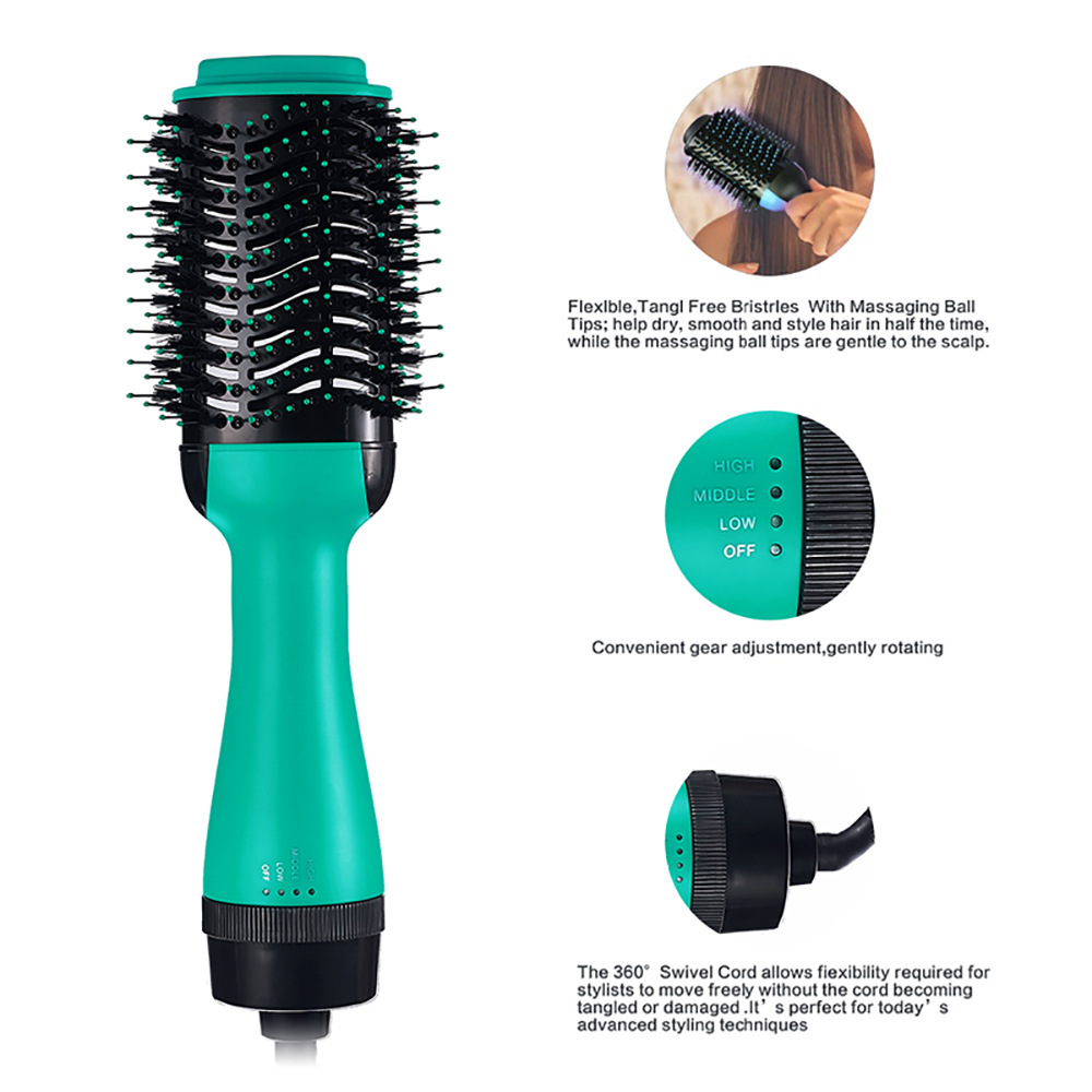 2-in-1 Black-Green Negative Ion Hot Air Styler Brush - 7-Level Temp & 3-Gear Speed view 3