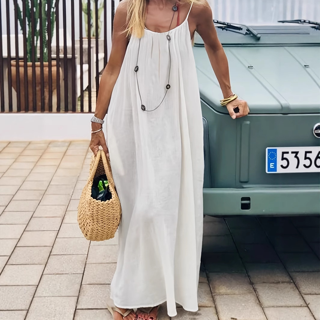 White Women's Crinkle Ice Silk Backless Cami Maxi Dress(Size S) - Loose Fit view 3