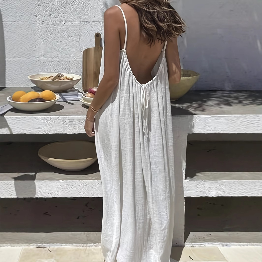 White Women's Crinkle Ice Silk Backless Cami Maxi Dress(Size XL) - Loose Fit
