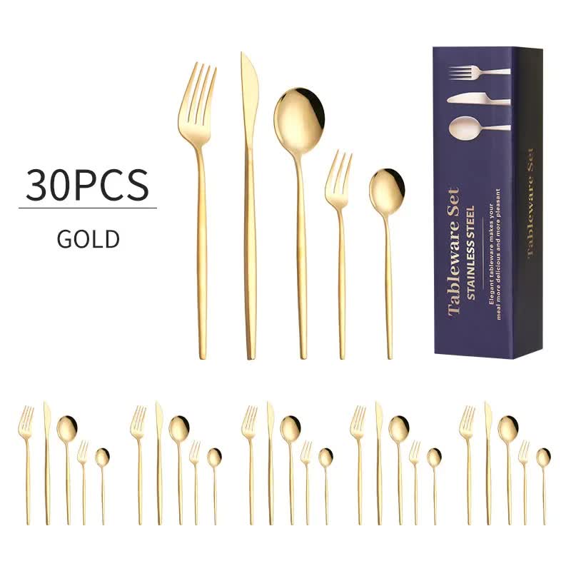 30-Piece Gold Portuguese Style Cutlery Set - Mirror Polished 410 Stainless