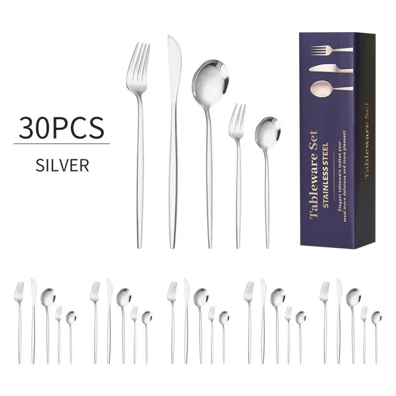 30-Piece Silver Portuguese Style Cutlery Set - Mirror Polished 410 Stainless