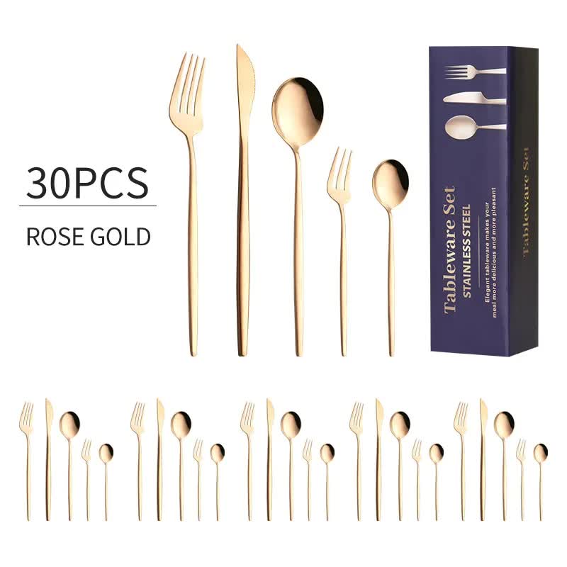 30-Piece Rose Gold Portuguese Style Cutlery Set - Mirror Polished 410