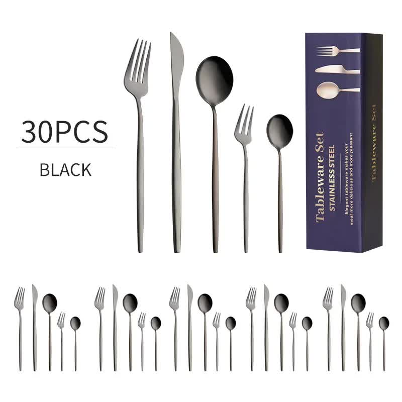 30-Piece Black Portuguese Style Cutlery Set - Mirror Polished 410 Stainless