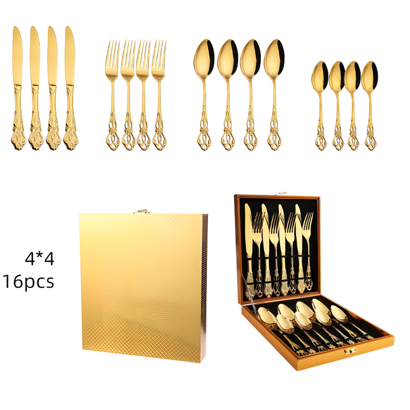 4Set / 16PCS Gold Royal Court Cutlery Set - Vintage Hollow Engraved 410 view 2