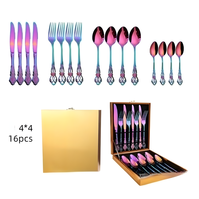4Set / 16PCS Dazzle Color Royal Court Cutlery Set - Vintage Hollow Engraved view 2