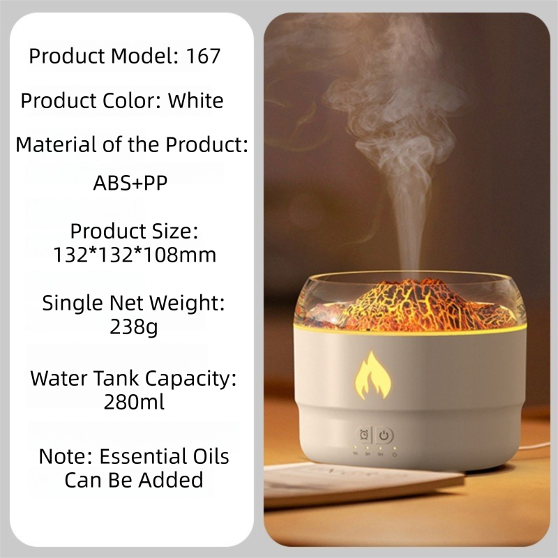 167 White Simulation Volcano Diffuser & Humidifier - Smart Timer Ultrasonic view 2