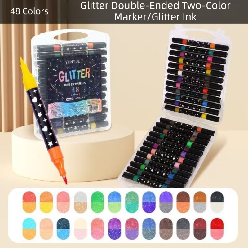 24 Pack Dual-Tip Glitter Flash Marker Pens - 48 Color Soft Brush & Fine Tip Set