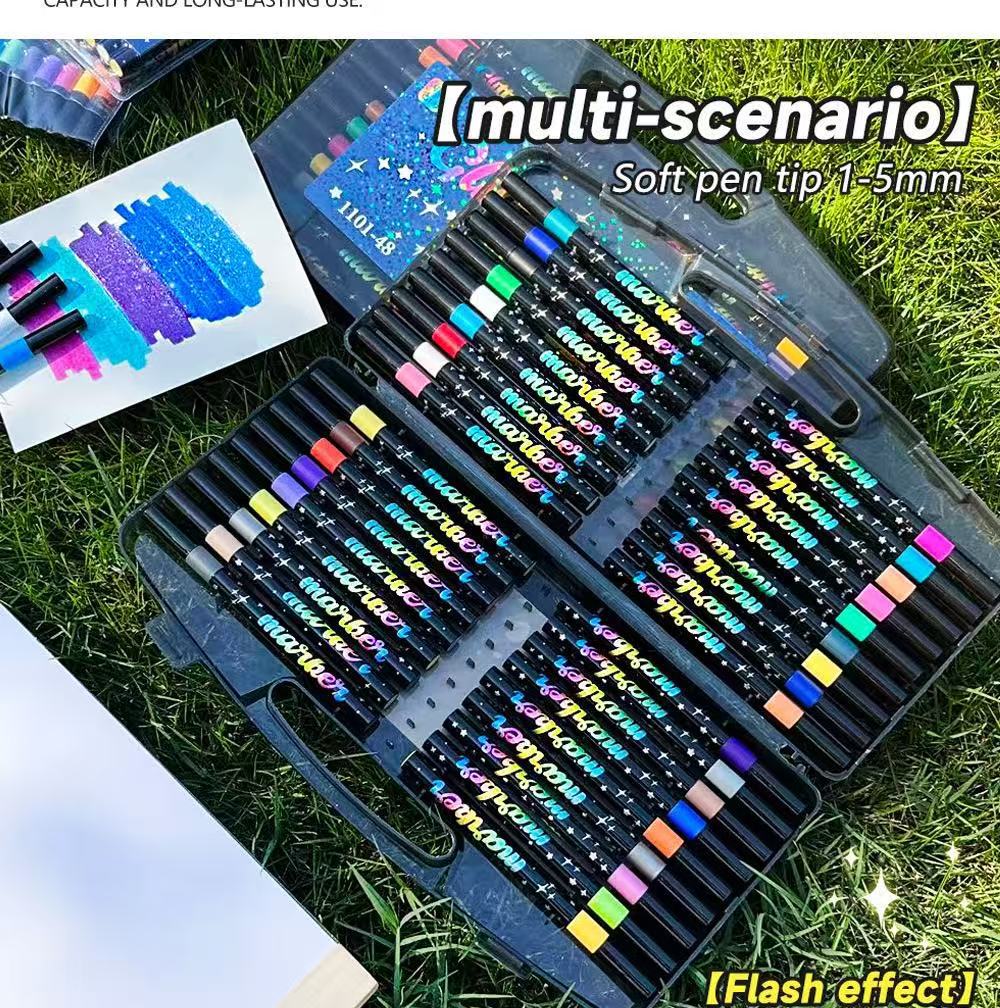 24 Pack Dual-Tip Glitter Flash Marker Pens - 48 Color Soft Brush & Fine Tip Set view 4
