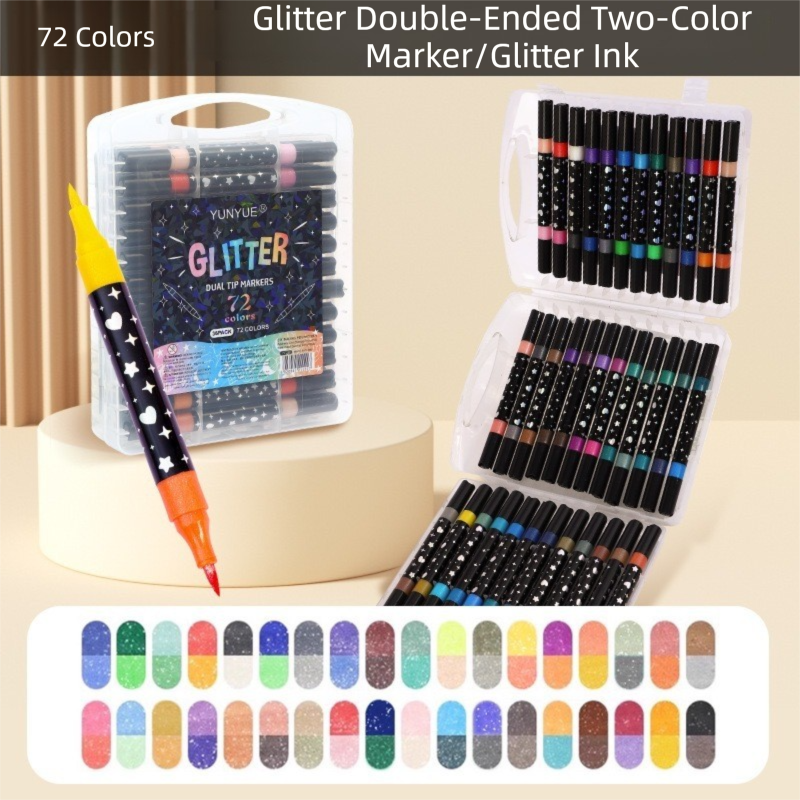 36 Pack Dual-Tip Glitter Flash Marker Pens - 72 Color Soft Brush & Fine Tip Set