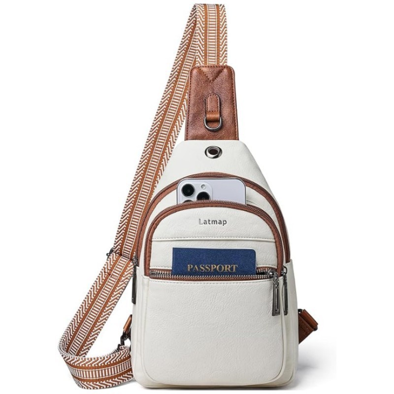 White Women's 3-Layer Zipped PU Chest Bag with Reversable Strap - Roomy But