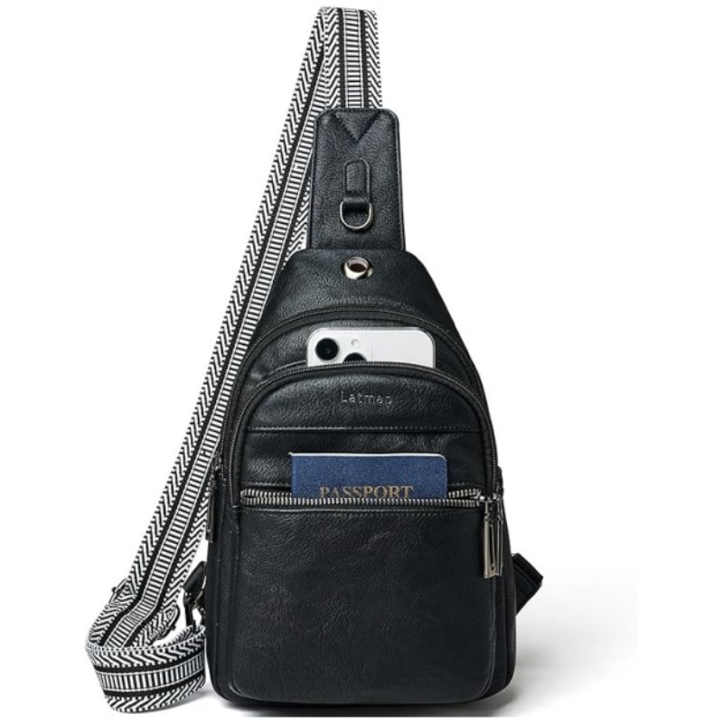 Black Women's 3-Layer Zipped PU Chest Bag with Reversable Strap - Roomy But