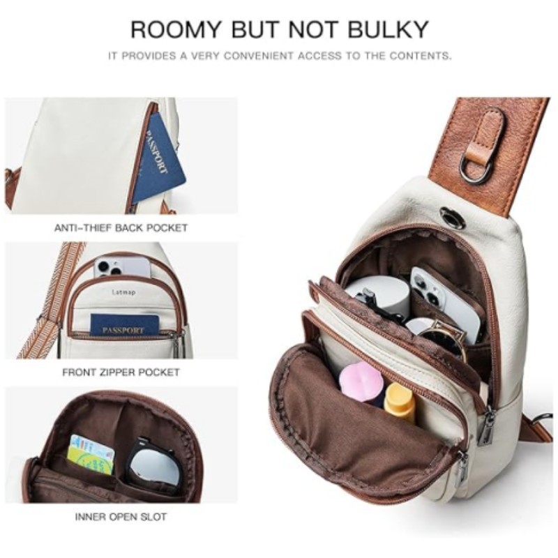 Brown Women's 3-Layer Zipped PU Chest Bag with Reversable Strap - Roomy But view 2