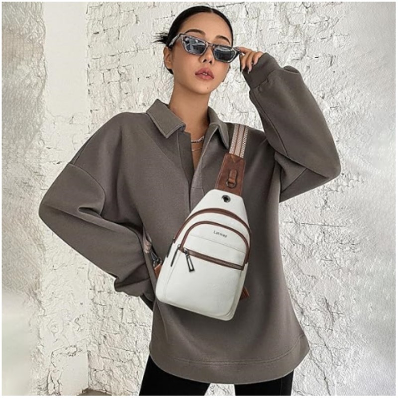 Brown Women's 3-Layer Zipped PU Chest Bag with Reversable Strap - Roomy But view 5