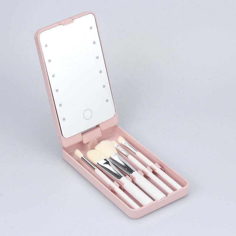 Pink Portable LED Makeup Mirror with Lights & Brushes (9x2.5x16CM) - Mini